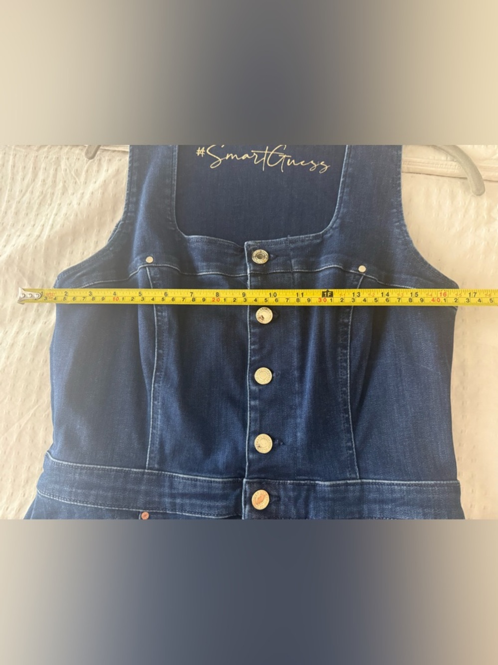 GUESS Stretch Denim Mini Dress Gold Button Front Structured Waist Y2K Jean Dress - Picture 16 of 17